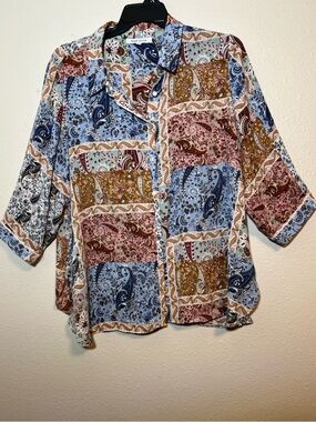Rose & Olive Women 2X Top Shirt Blouse Button Down Cream Patchwork Paisley